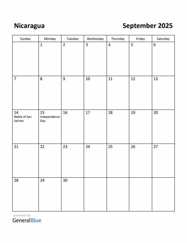 September 2025 Calendar with Nicaragua Holidays