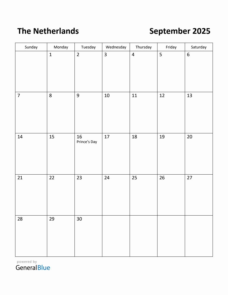 Free Printable September 2025 Calendar for Netherlands