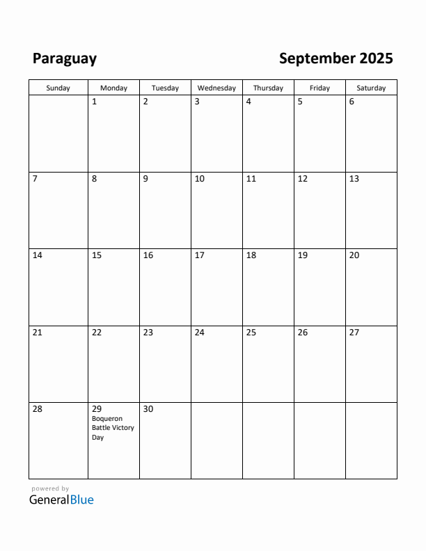 September 2025 Calendar with Paraguay Holidays