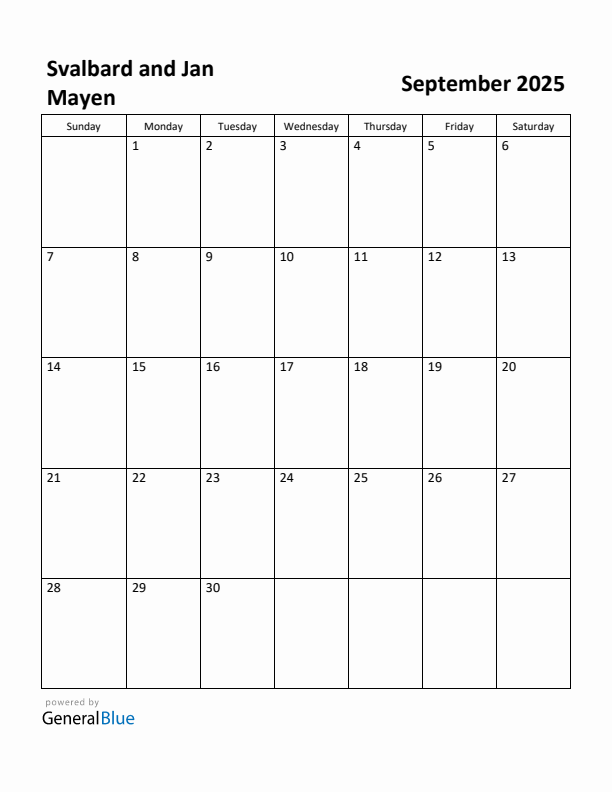 Free Printable September 2025 Calendar for Svalbard and Jan Mayen