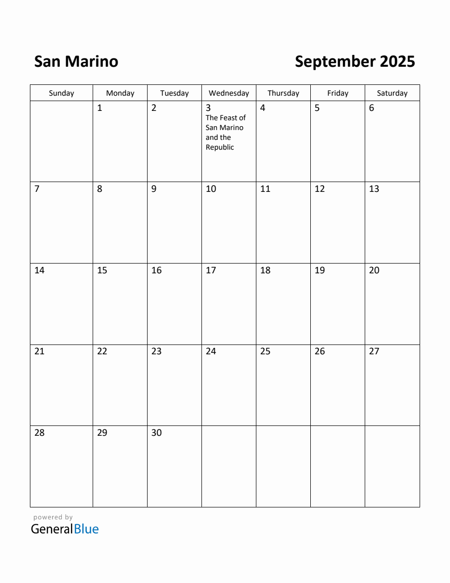 Free Printable September 2025 Calendar for San Marino