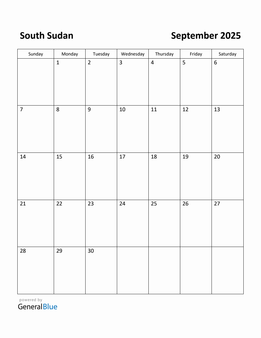 Free Printable September 2025 Calendar for South Sudan