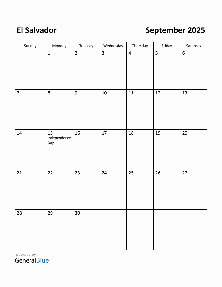 Free Printable September 2025 Calendar for El Salvador