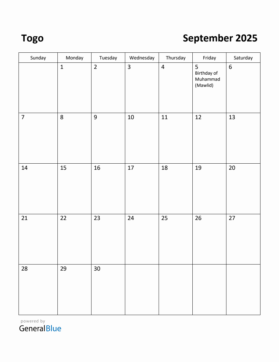 Free Printable September 2025 Calendar for Togo