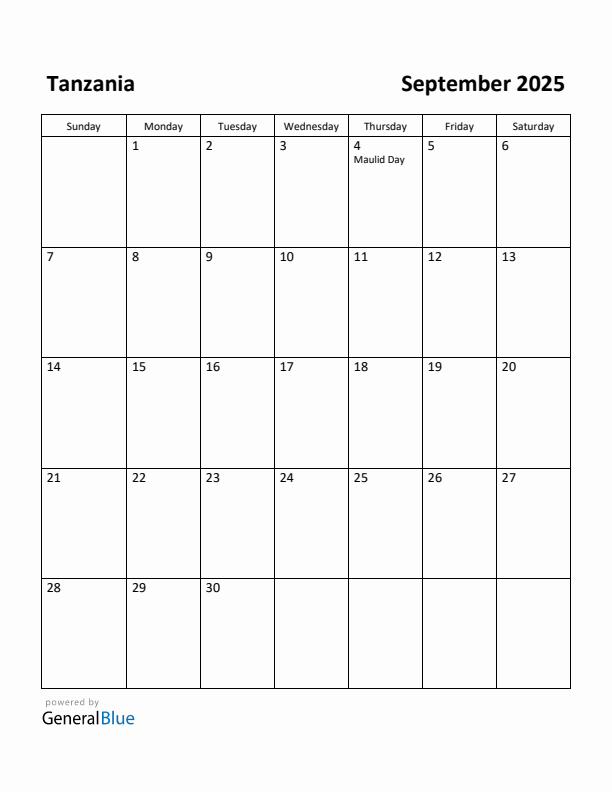 September 2025 Calendar with Tanzania Holidays