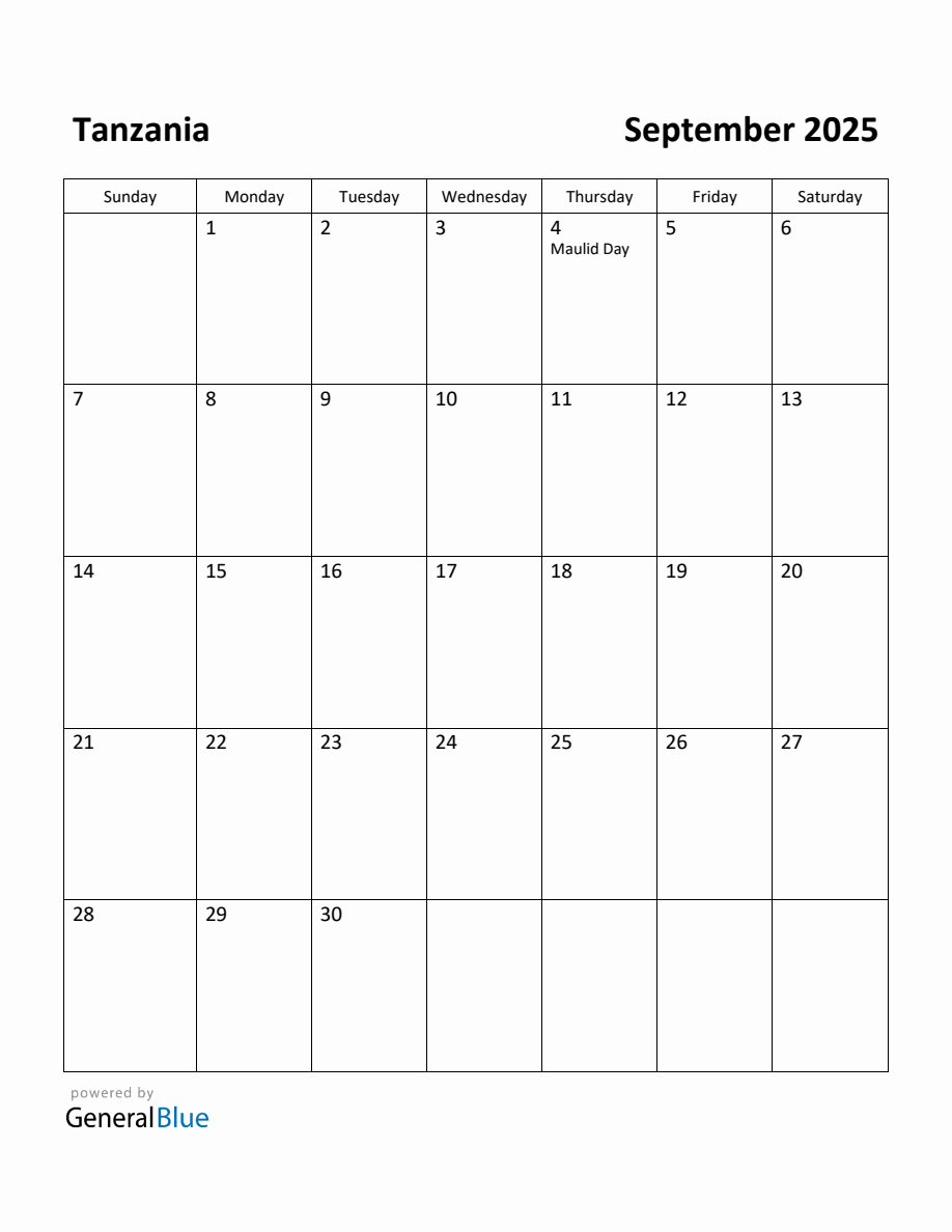 Free Printable September 2025 Calendar for Tanzania