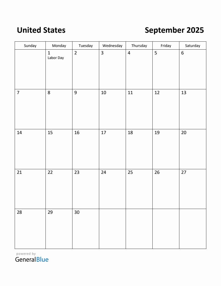 Free Printable September 2025 Calendar for United States