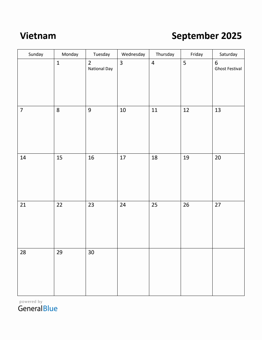 Free Printable September 2025 Calendar for Vietnam