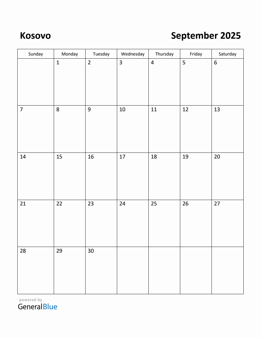 Free Printable September 2025 Calendar for Kosovo