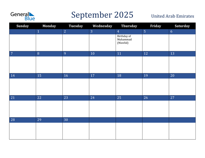 September 2025 United Arab Emirates Calendar