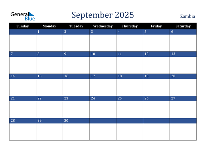September 2025 Calendar with Zambia Holidays