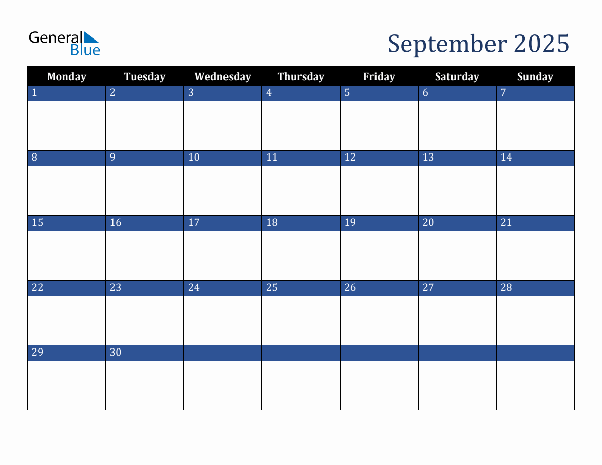 September 2025 Downloadable Monday Start Calendar