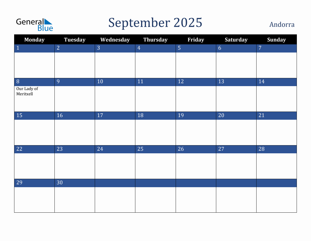 September 2025 Andorra Holiday Calendar