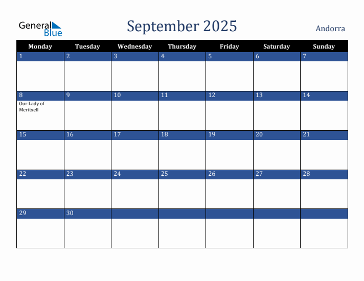 September 2025 Andorra Calendar (Monday Start)