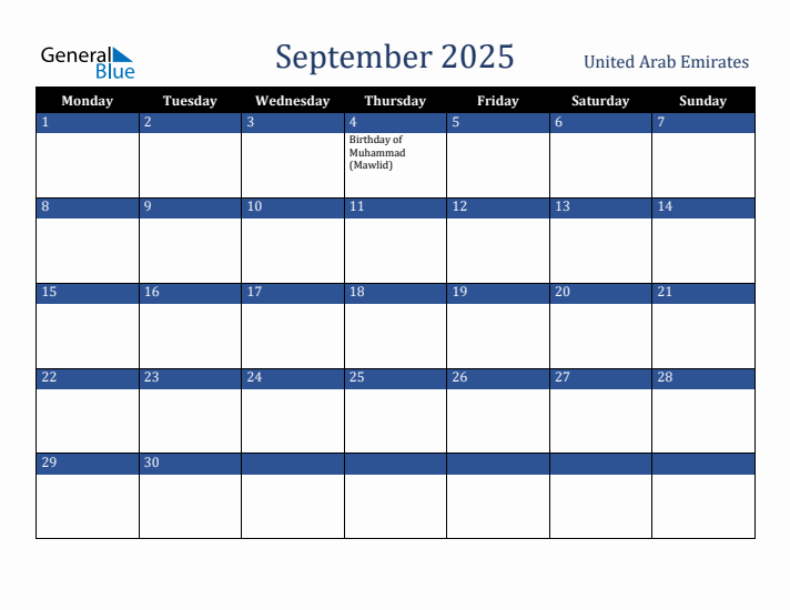 September 2025 United Arab Emirates Calendar (Monday Start)