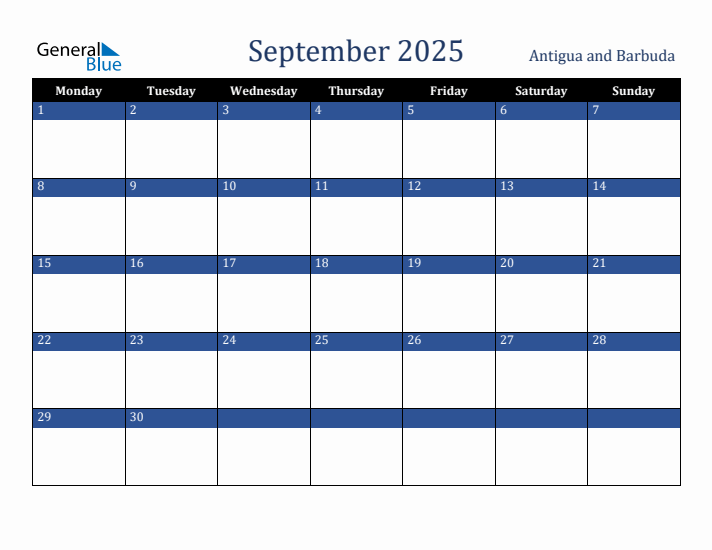 September 2025 Antigua and Barbuda Calendar (Monday Start)
