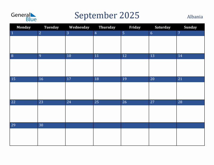 September 2025 Albania Calendar (Monday Start)