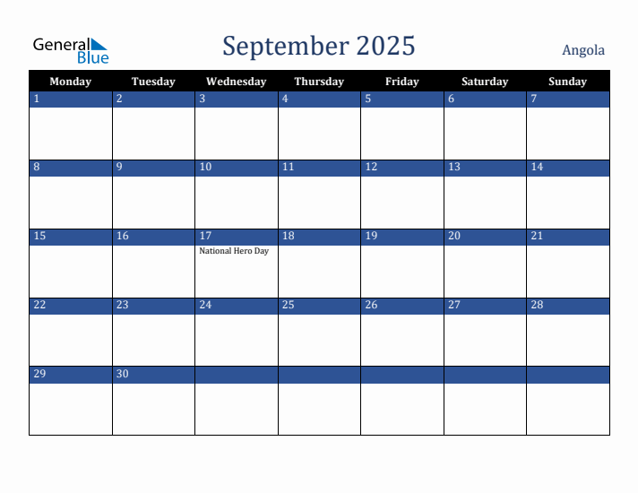September 2025 Angola Calendar (Monday Start)