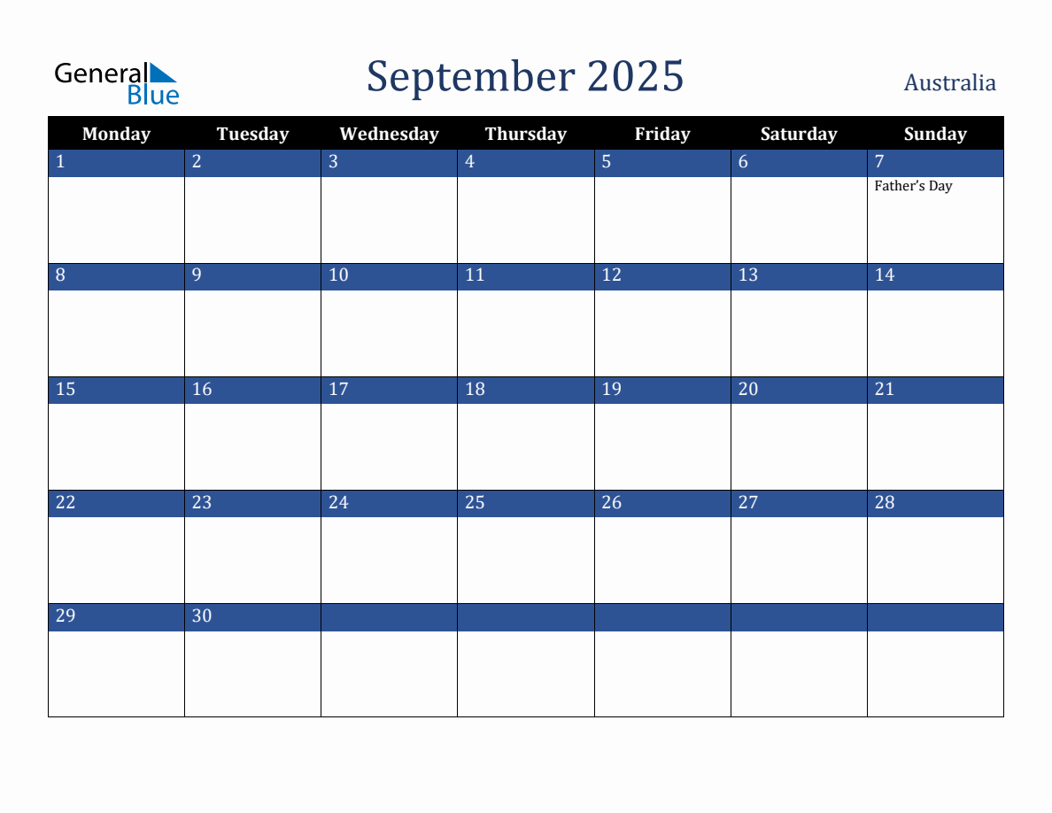 September 2025 Australia Holiday Calendar