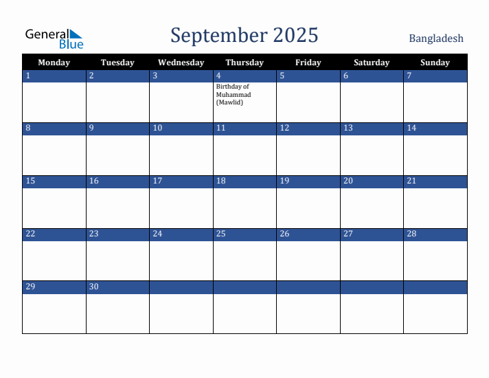 September 2025 Bangladesh Calendar (Monday Start)