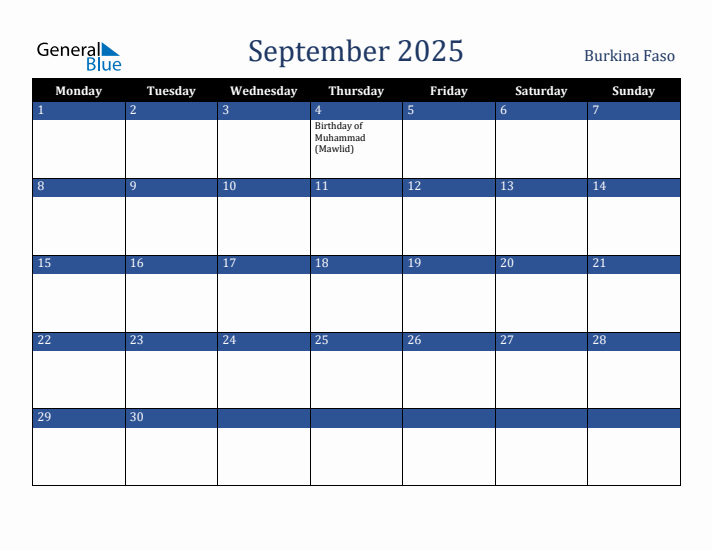 September 2025 Burkina Faso Calendar (Monday Start)