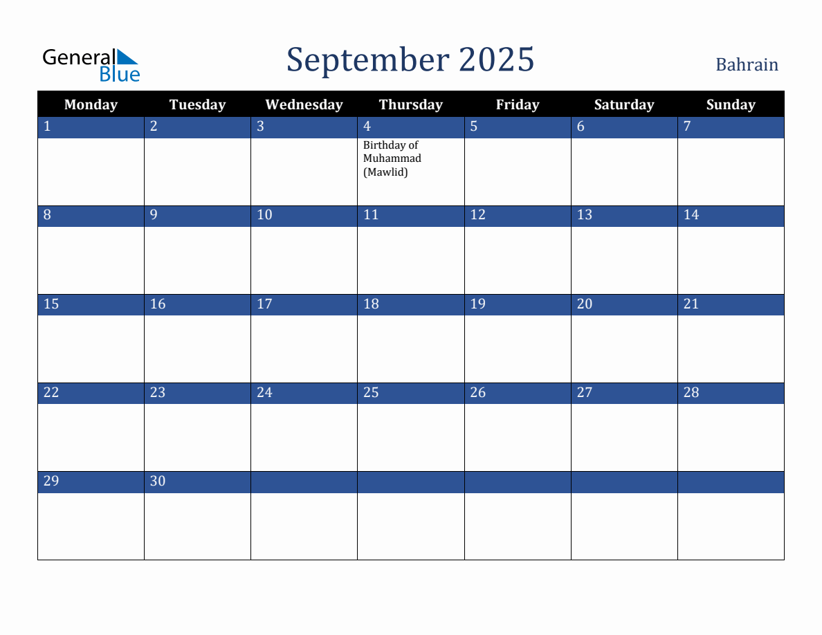 September 2025 Bahrain Holiday Calendar