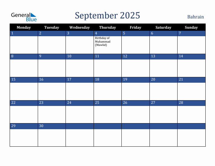 September 2025 Bahrain Calendar (Monday Start)