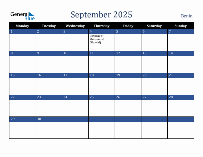 September 2025 Benin Calendar (Monday Start)