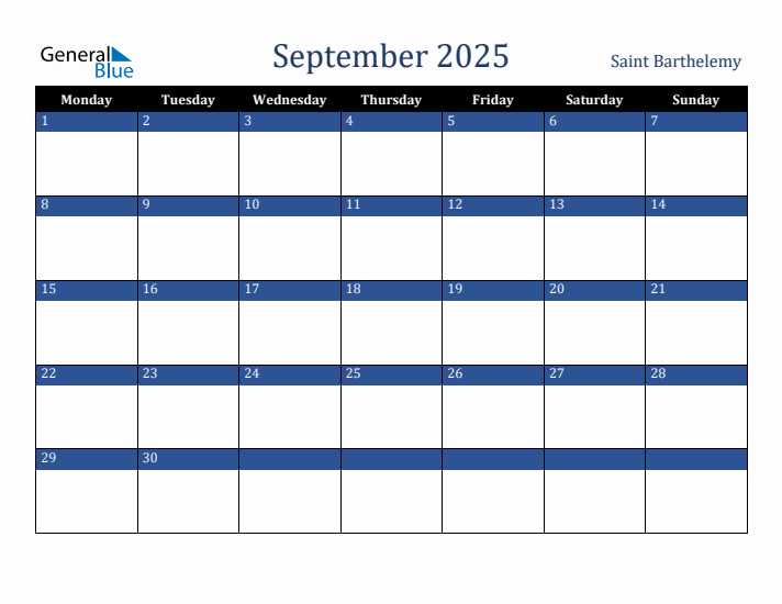September 2025 Saint Barthelemy Calendar (Monday Start)