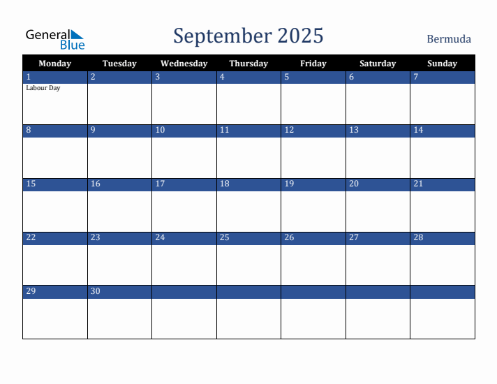 September 2025 Bermuda Calendar (Monday Start)