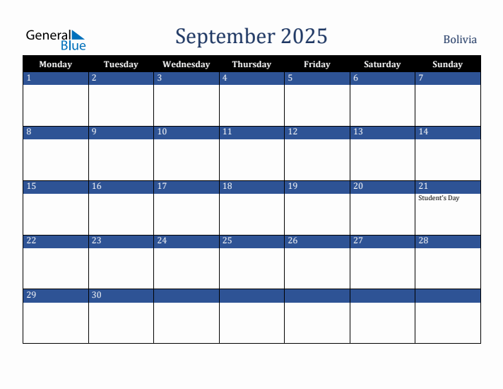 September 2025 Bolivia Calendar (Monday Start)