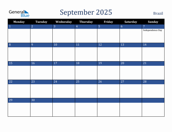 September 2025 Brazil Calendar (Monday Start)