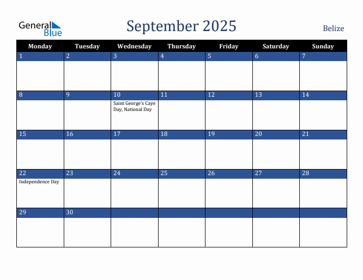 September 2025 Belize Calendar (Monday Start)