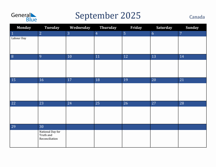 September 2025 Canada Calendar (Monday Start)