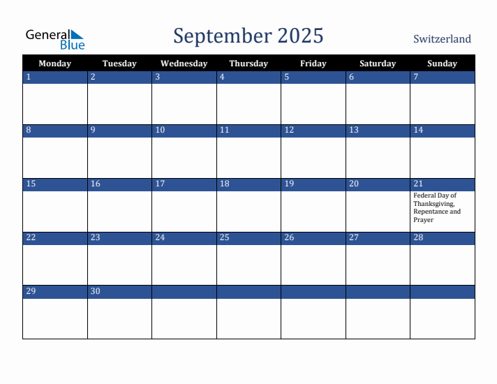 September 2025 Switzerland Calendar (Monday Start)