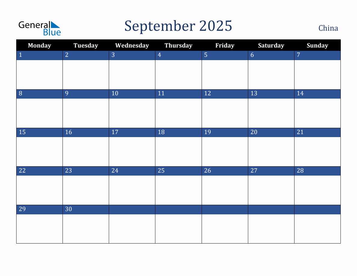 September 2025 China Holiday Calendar