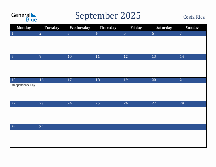 September 2025 Costa Rica Calendar (Monday Start)