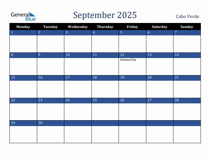 September 2025 Cabo Verde Calendar (Monday Start)