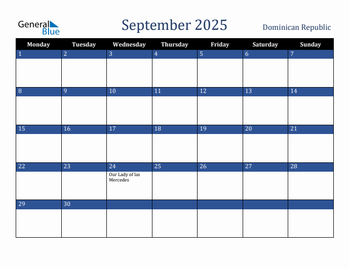 September 2025 Dominican Republic Calendar (Monday Start)