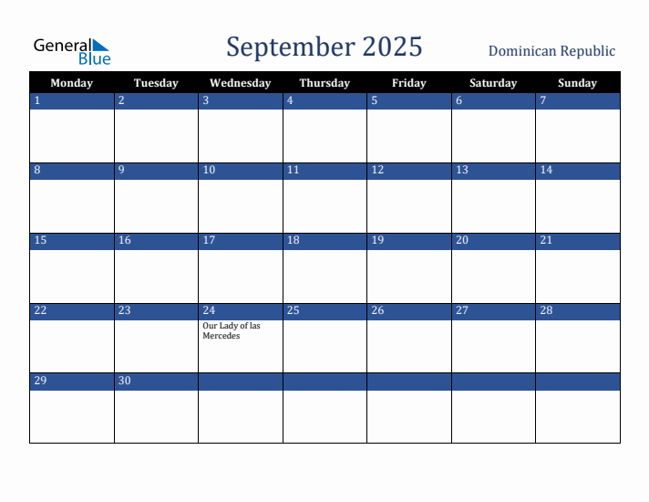 September 2025 Dominican Republic Monthly Calendar with Holidays