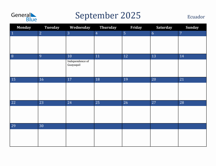 September 2025 Ecuador Calendar (Monday Start)