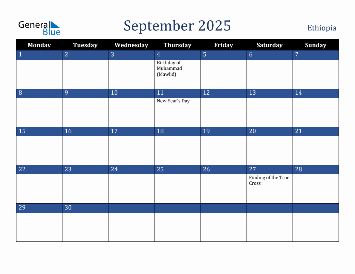 September 2025 Ethiopia Holiday Calendar