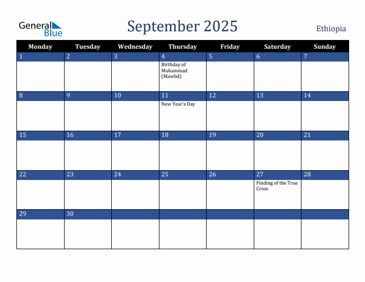 September 2025 Ethiopia Calendar (Monday Start)