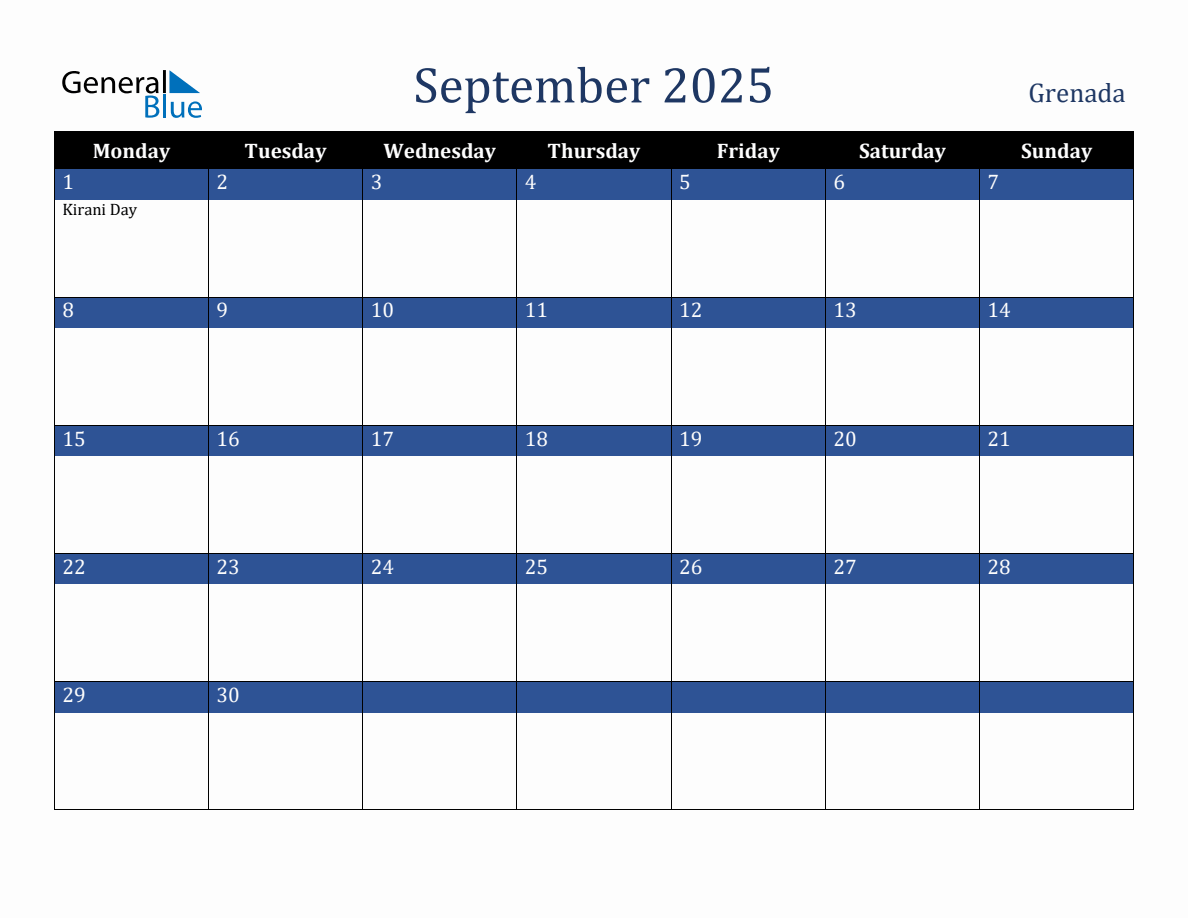 September 2025 Grenada Holiday Calendar