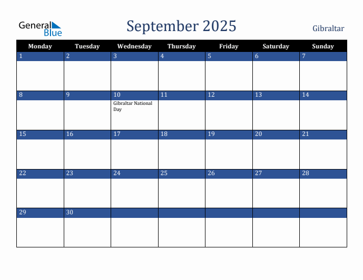 September 2025 Gibraltar Calendar (Monday Start)