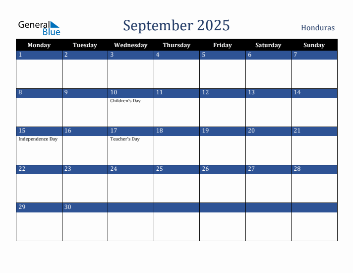 September 2025 Honduras Calendar (Monday Start)