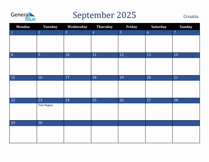September 2025 Croatia Calendar (Monday Start)