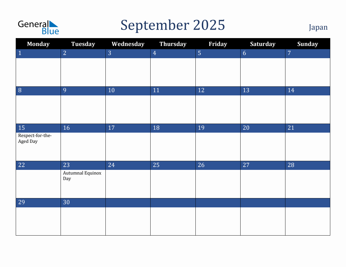 September 2025 Japan Holiday Calendar