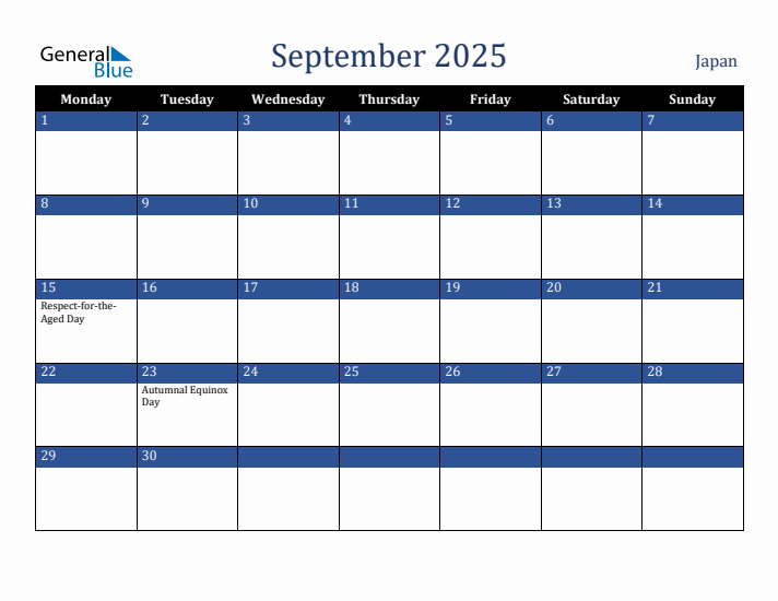 September 2025 Japan Calendar (Monday Start)