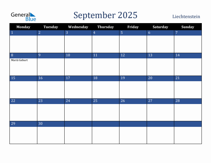 September 2025 Liechtenstein Calendar (Monday Start)